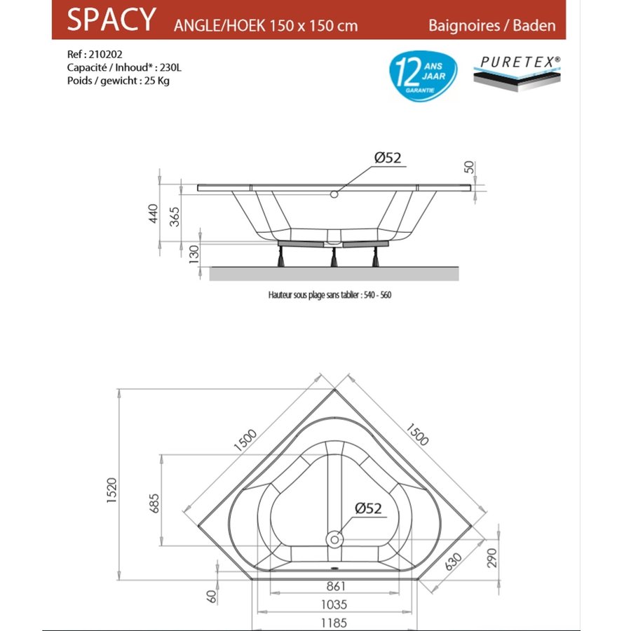 Hoekbad Allibert Spacy 150x150x56 cm Wit