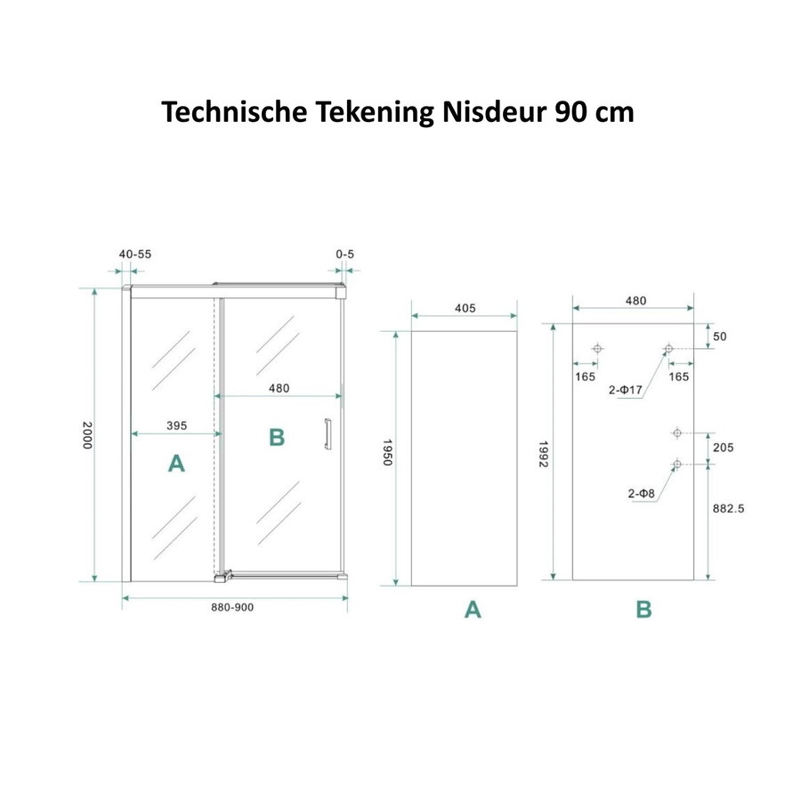 AQS Douchecabine Softclose 2.0 90 cm met Nisdeur en Zijwand 8mm Aluminium NANO Coating (alle varianten)