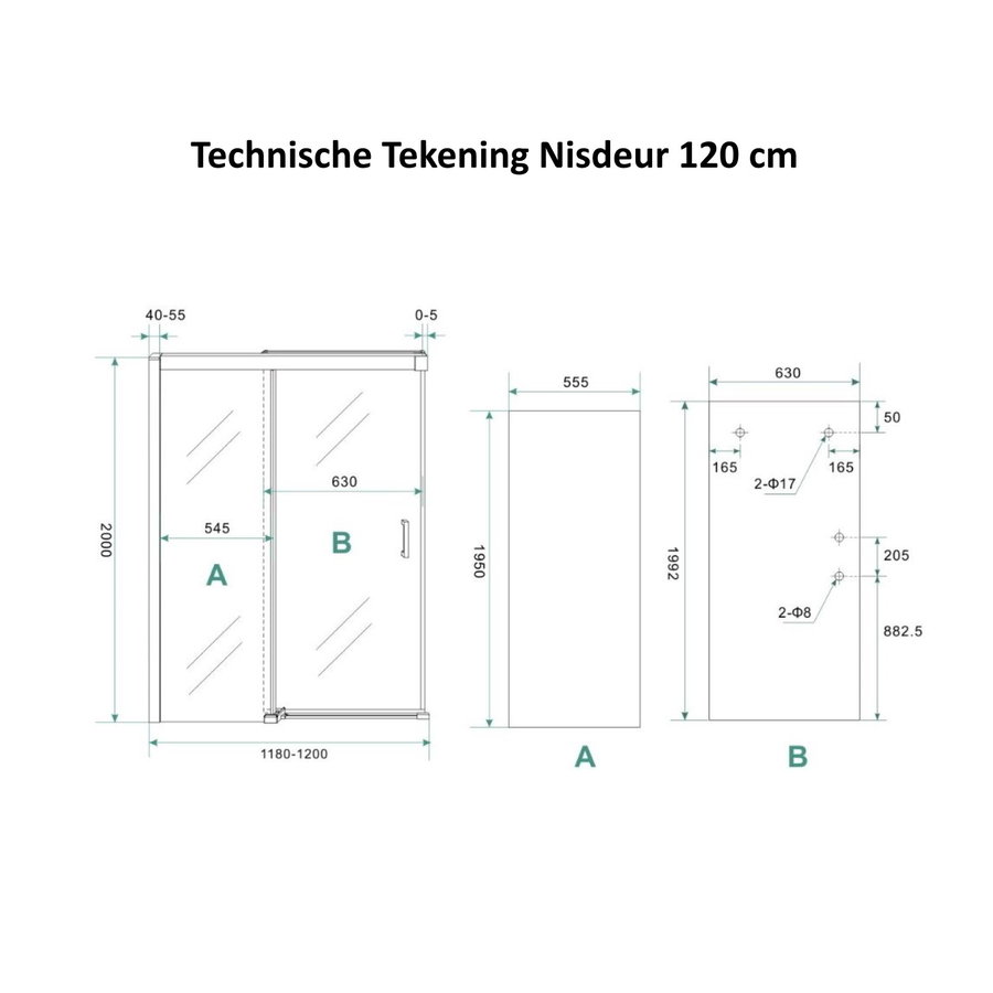 AQS Douchecabine Softclose 2.0 120 cm met Nisdeur en Zijwand 8mm Aluminium NANO Coating (alle varianten)