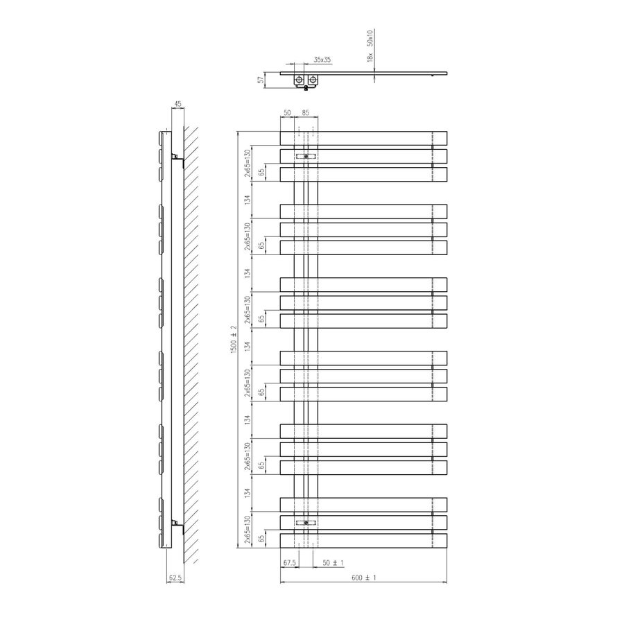 Designradiator Sapho Silvana Recht 60x150 cm 771W Zilver