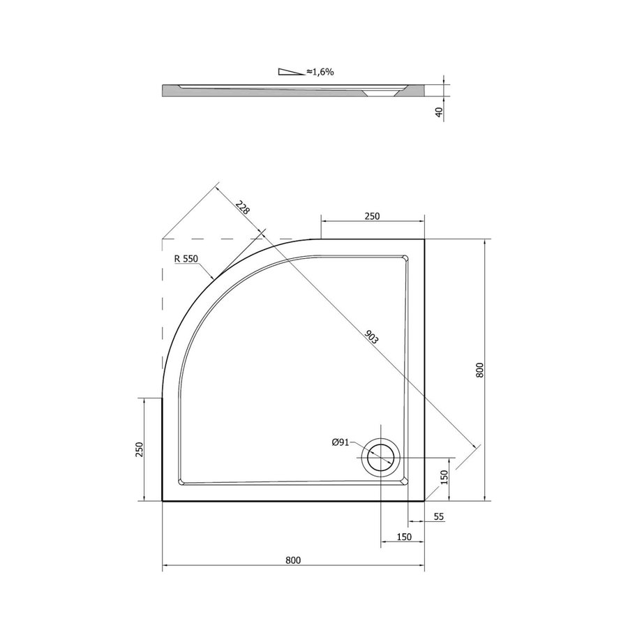 Douchebak Marmer Sapho Sera 80x80x4 cm Kwartrond Wit