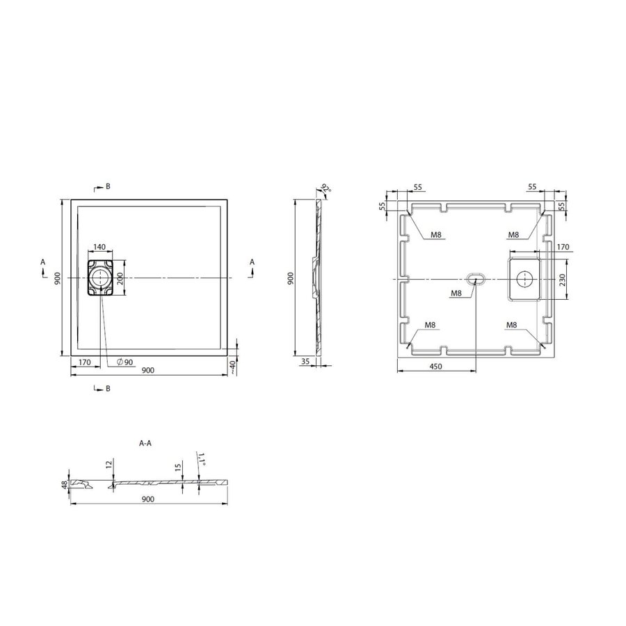 Douchebak Marmer Sapho Acora 90x90x3.5 cm Vierkant Steen Grijs