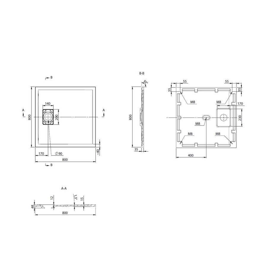 Douchebak Marmer Sapho Acora 80x80x3.5 cm Vierkant Steen Grijs