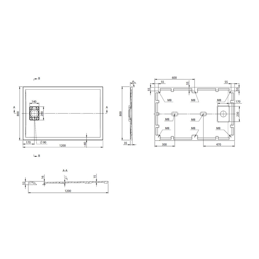 Douchebak Marmer Sapho Acora 120x80x3.5 cm Rechthoek Steen Grijs