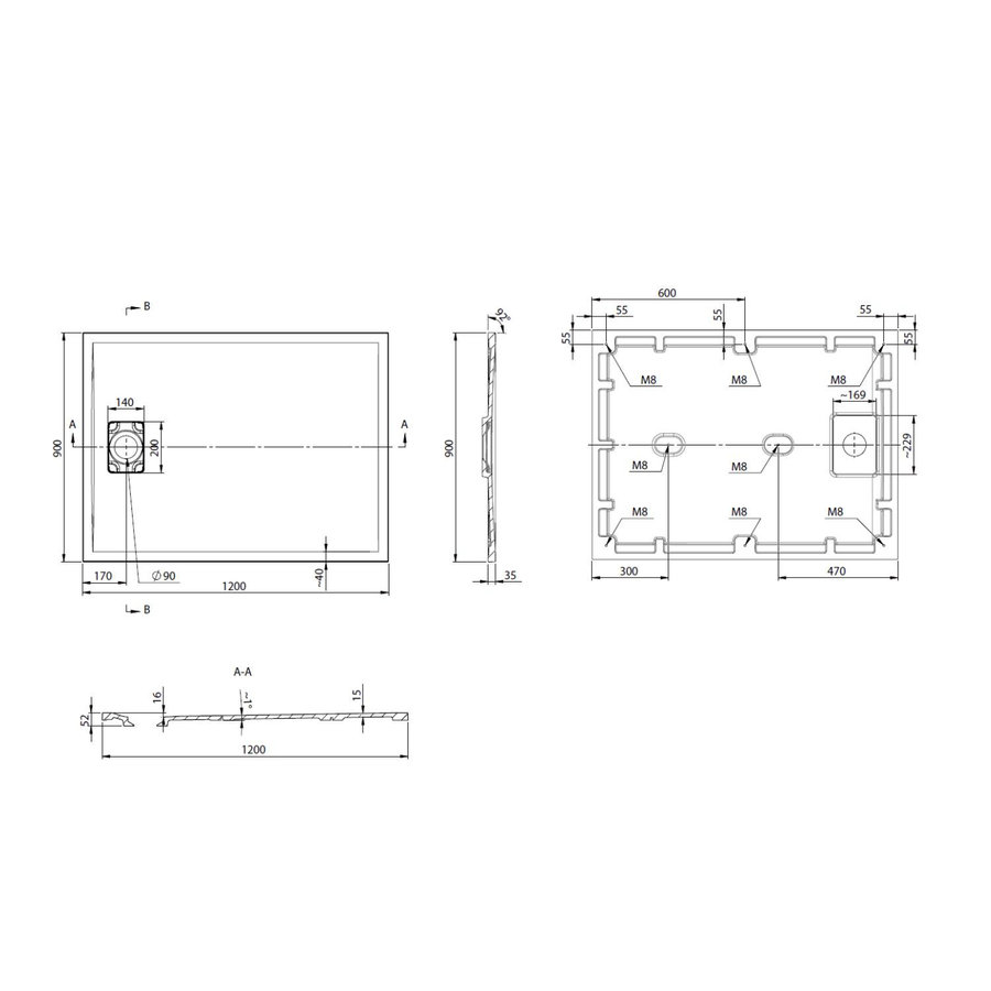 Douchebak Marmer Sapho Acora 120x90x3.5 cm Rechthoek Steen Wit