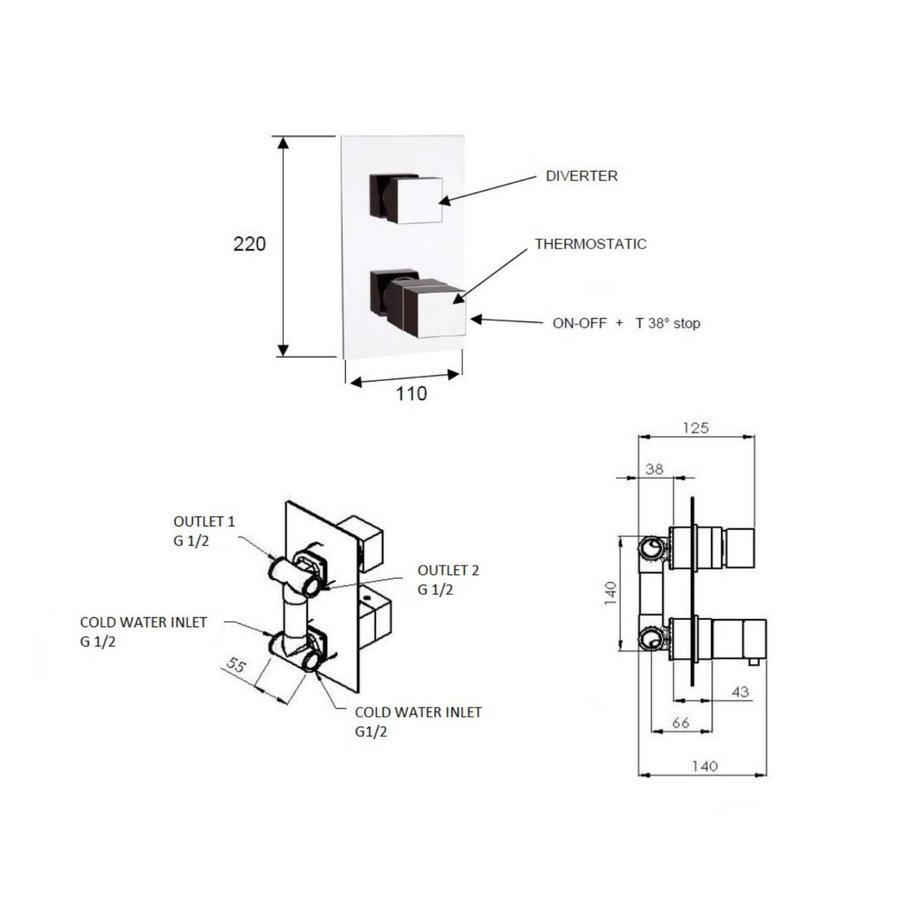 Douchekraan Inbouw Sapho Latus Thermostatisch Afbouwdeel 2-weg Chroom (incl. inbouwdeel)