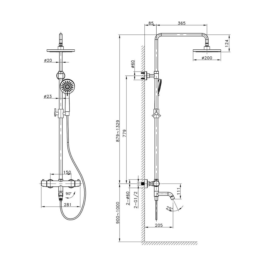 Regendouche Opbouwset Sapho Kimura Douche / Bad Chroom (incl. thermostatische mengkraan)