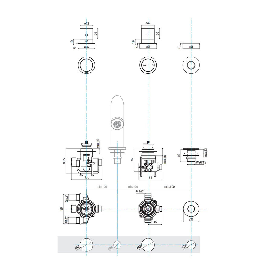 Badrandkraan Sapho Go Deck 2-knop Thermostatische Mengkraan Compleet 4-gats Chroom