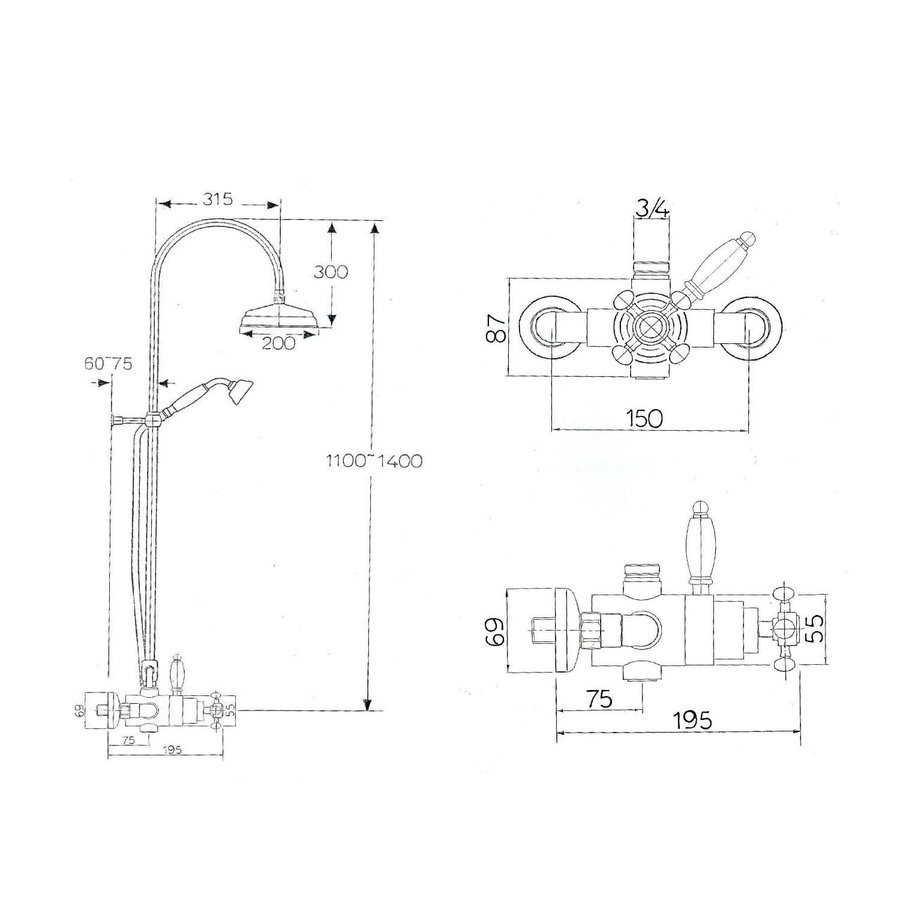 Regendoucheset Opbouw Sapho Antea Compleet Thermostatische Ø 20 cm Goud