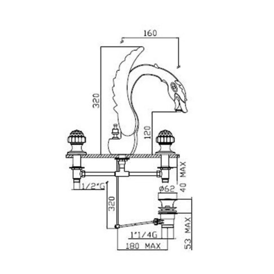 Wastafelmengkraan 3-gats Sapho Crystal 2-knop Zwaan 32 cm Goud (incl. waste)