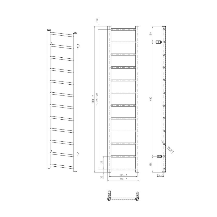 Handdoekradiator Sapho Dina Recht 30x138 cm Metallic Zilver