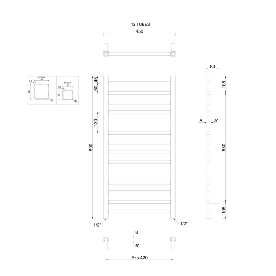 Handdoekradiator Sapho Metro Recht 45x89 cm Chroom