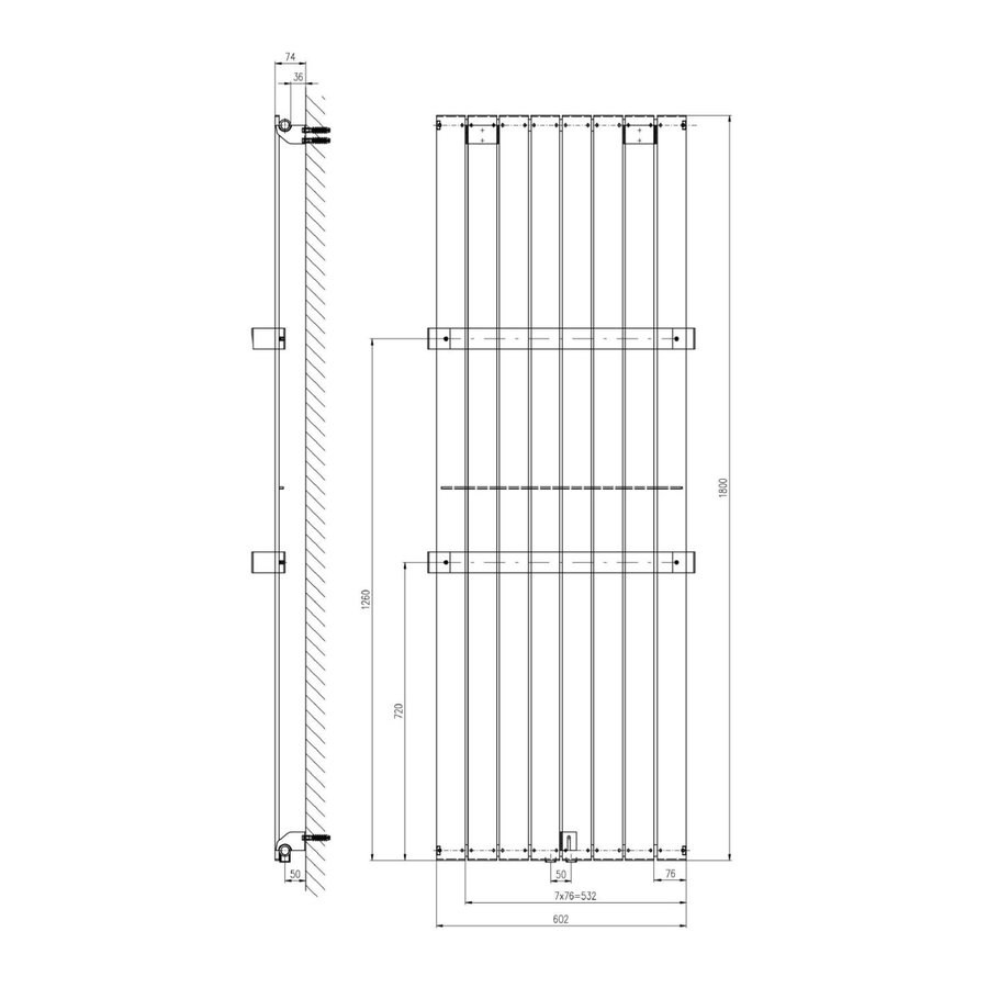 Designradiator Sapho Colonna Recht Middenaansluiting 60.2x180 cm 1205W Zilver