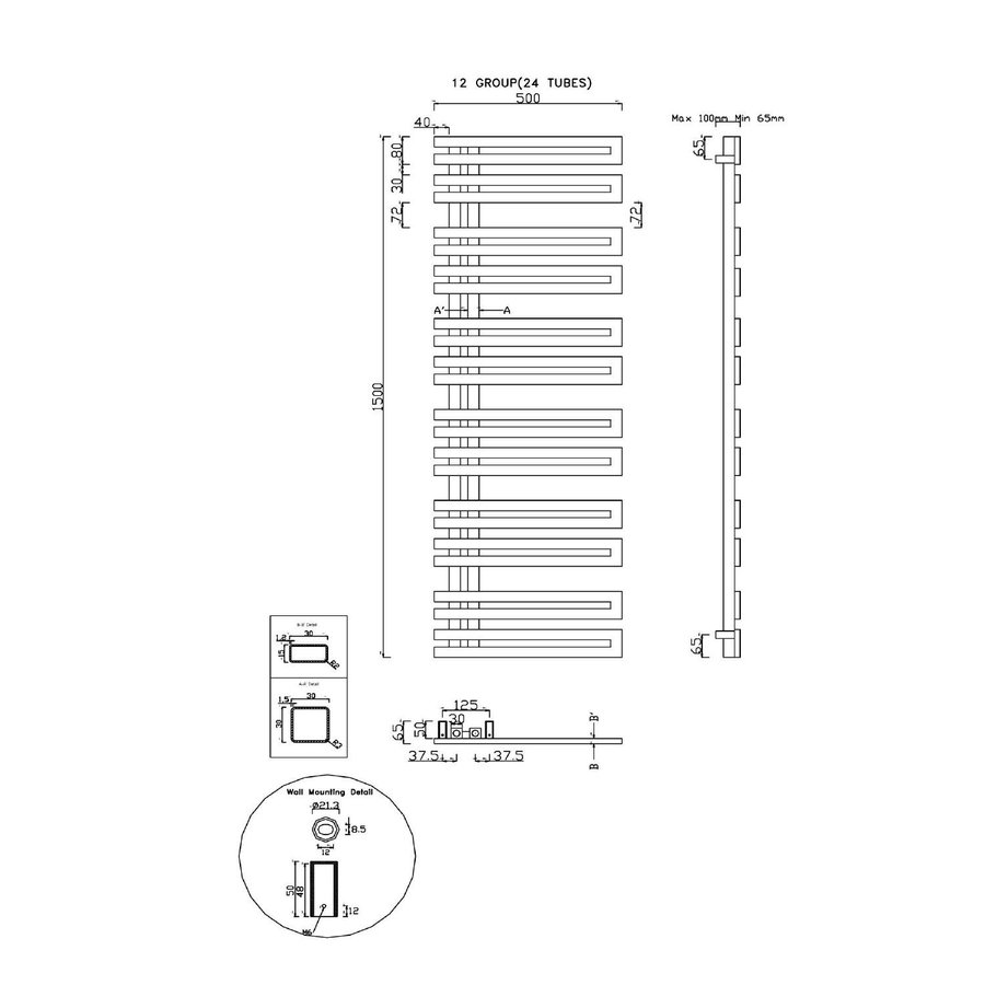 Designradiator Sapho Volga Recht 50x150 cm 465W Geborsteld RVS