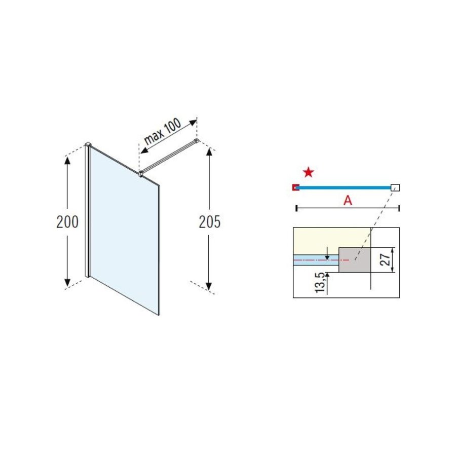 Inloopdouche Novellini Kuadra H 60x200 cm Helder Glas Mat Zwart Profiel