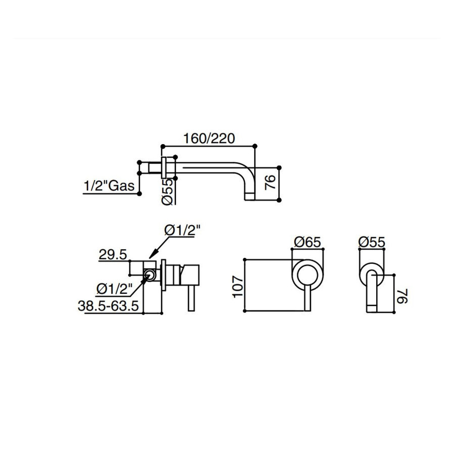 Inbouw Wastafelmengkraan Wandbevestiging Luca Sanitair Bongio Mat Zwart 22 cm