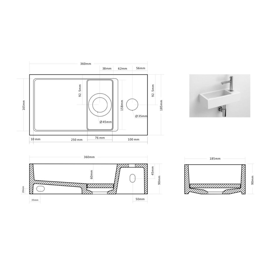 Fonteinset Differnz Mix En Match Solid Surface 36x18.5x9 cm Wit