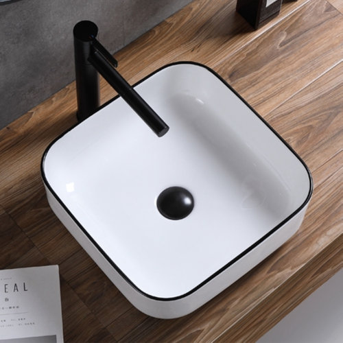 Opbouw Waskom Boss & Wessing Premium 40x40x14 cm Keramiek Wit met Zwarte Lijn 