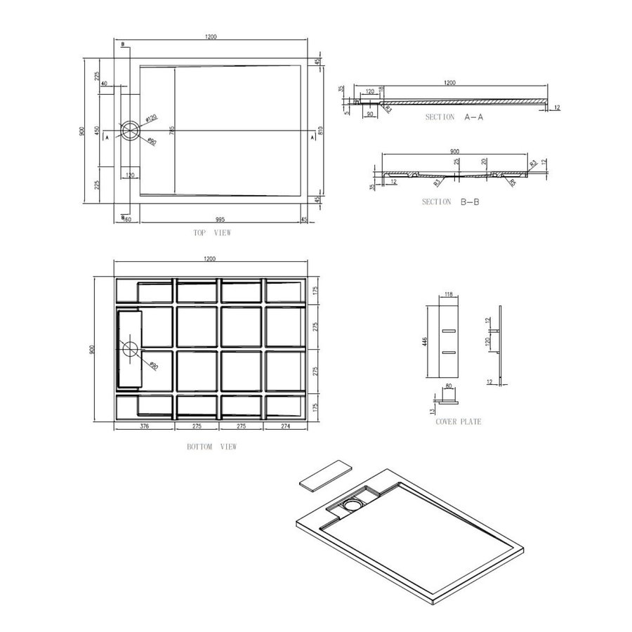 Douchebak Best Design Decent 120x90x3.5 cm Solid Surface Grijs