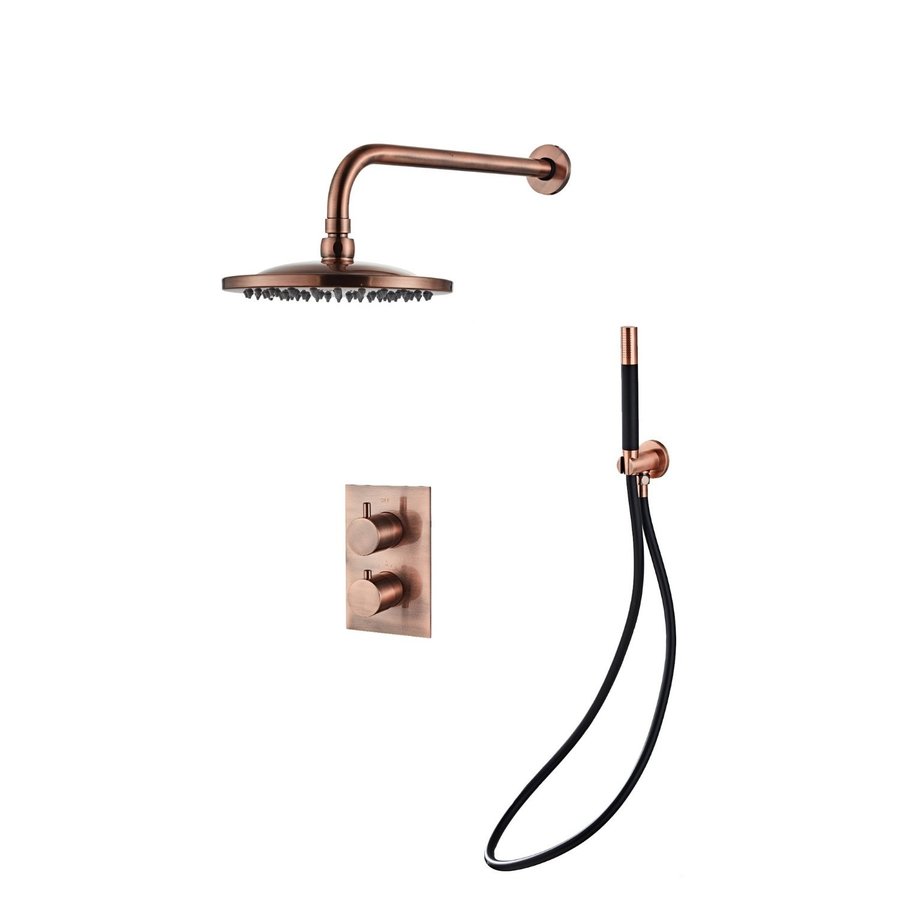 Inbouw Regendouche Set Boss & Wessing Copper Pro Wanduitloop en Staaf Handdouche Geborsteld Koper 20 cm