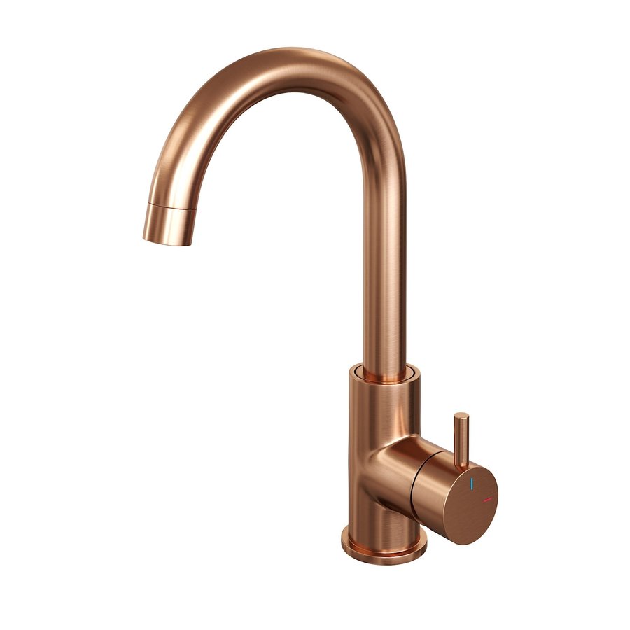 Wastafelmengkraan Brauer Copper Edition Coldstart Opbouw Hoog Gebogen Korte Ronde Hendel Geborsteld Koper PVD