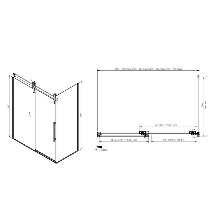 Zijwand Sapho Volcano 80x200 cm 8 mm Helder Glas tbv nisdeur Volcano Mat Zwart