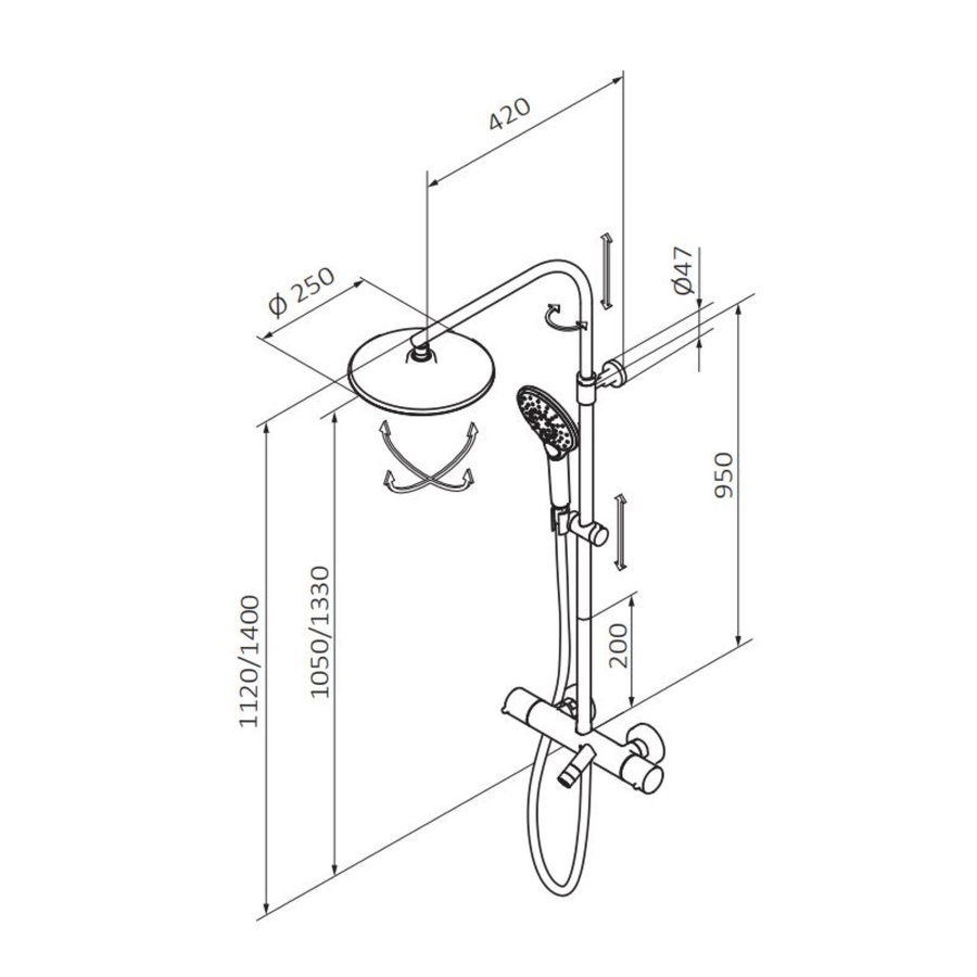 Opbouw Badkraan GRB Time Thermostatisch met Hoofddouche 25 cm en Handdouche Set Messing Chroom