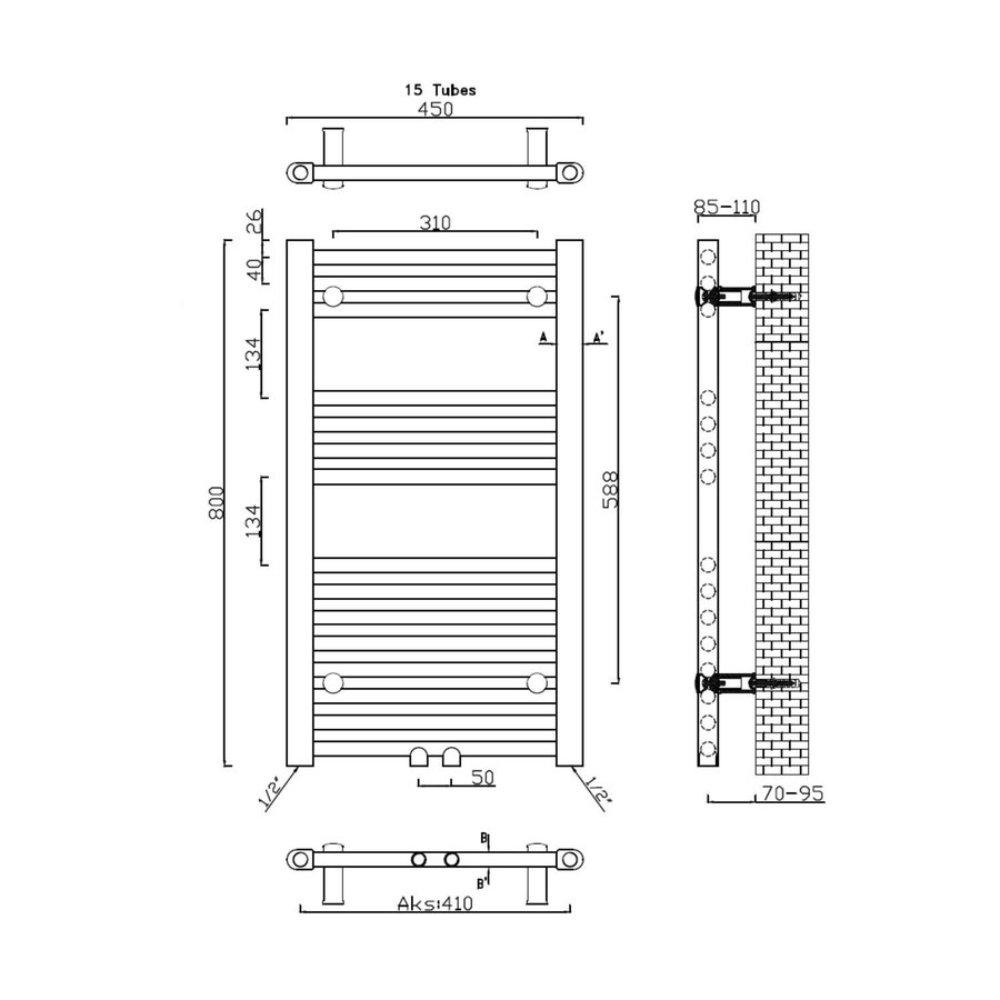 Handdoekradiator Sapho Alya Recht Middenaansluiting 45x80 cm 266W Chroom