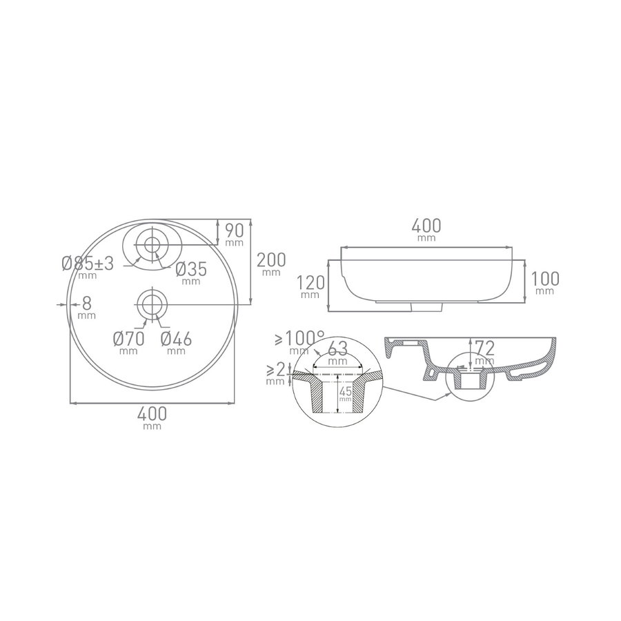 Opbouw Waskom Cupido 40x10 cm Porselein Wit (1 kraangat)