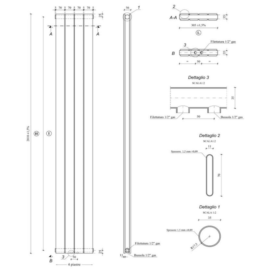 Radiator Boss & Wessing Jarmilo 200x30 cm Midden Onder Aansluiting Dubbel Wit (974 Watt)