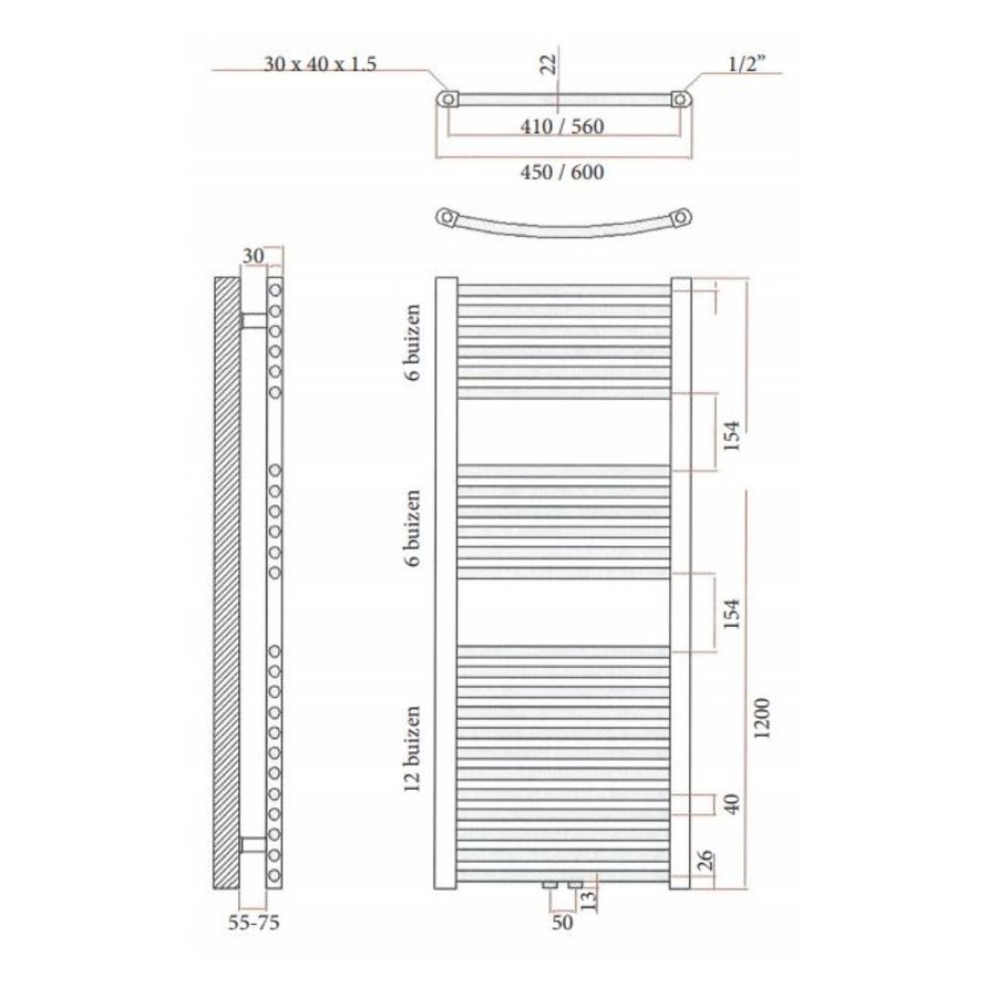 Designradiator Sanicare RVS Look Inclusief Ophanging Midden Aansluiting Recht 120x45 cm