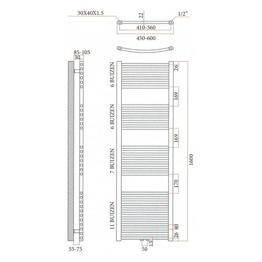 Designradiator Sanicare RVS Look Inclusief Ophanging Midden Aansluiting Recht 160x45 cm