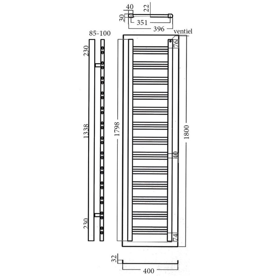Designradiator Sanicare Denso 180x40 Mat Wit Inclusief Ophanging 948 Watt (onderzijde aansluiting)