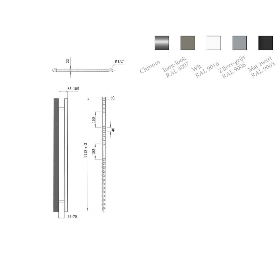 Elektrische Design Radiator Sanicare Plug En Play 111,8 x 45 cm Inox Look Thermostaat Zwart 596 Watt