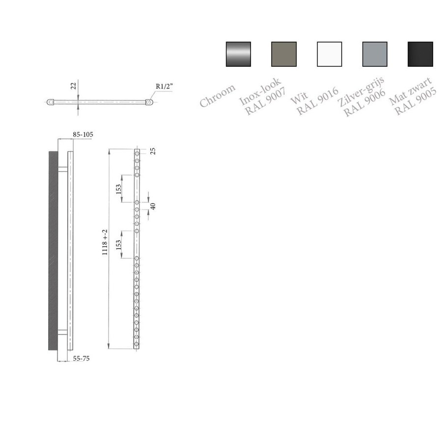 Elektrische Design Radiator Sanicare Plug En Play 111,8 x 45 cm Zilver Grijs Thermostaat Zwart 596 Watt