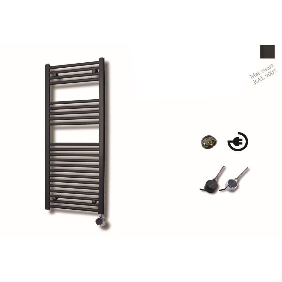 Elektrische Design Radiator Sanicare Plug En Play 111,8 x 45 cm Mat Zwart Thermostaat Chroom 596 Watt