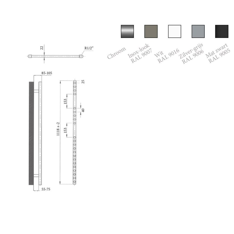 Elektrische Design Radiator Sanicare Plug En Play 111,8 x 45 cm Chroom Thermostaat Chroom 435 Watt