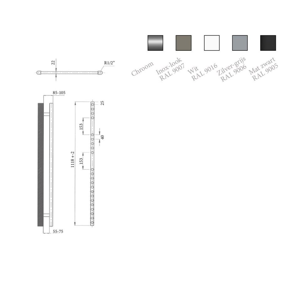 Elektrische Design Radiator Sanicare Plug En Play 111,8 x 60 cm Wit Thermostaat Chroom 730 Watt