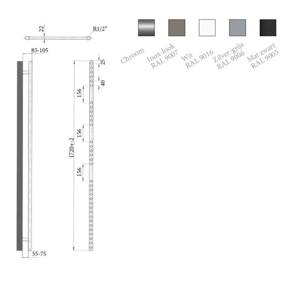 Elektrische Design Radiator Sanicare Plug En Play 172 x 60 cm Mat Zwart Thermostaat Chroom 1127 Watt