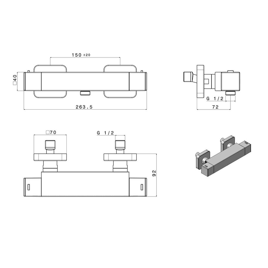 Opbouw Douchekraan Thermostatisch Sapho Dimy 2-knop Mat Zwart