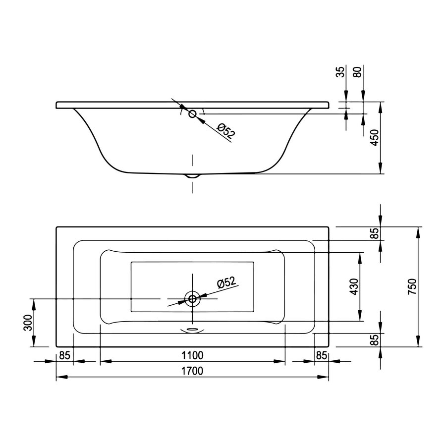 Ligbad VMK Go Baldo SM Duo 170x75x45 cm Incl. Poten Acryl Wit