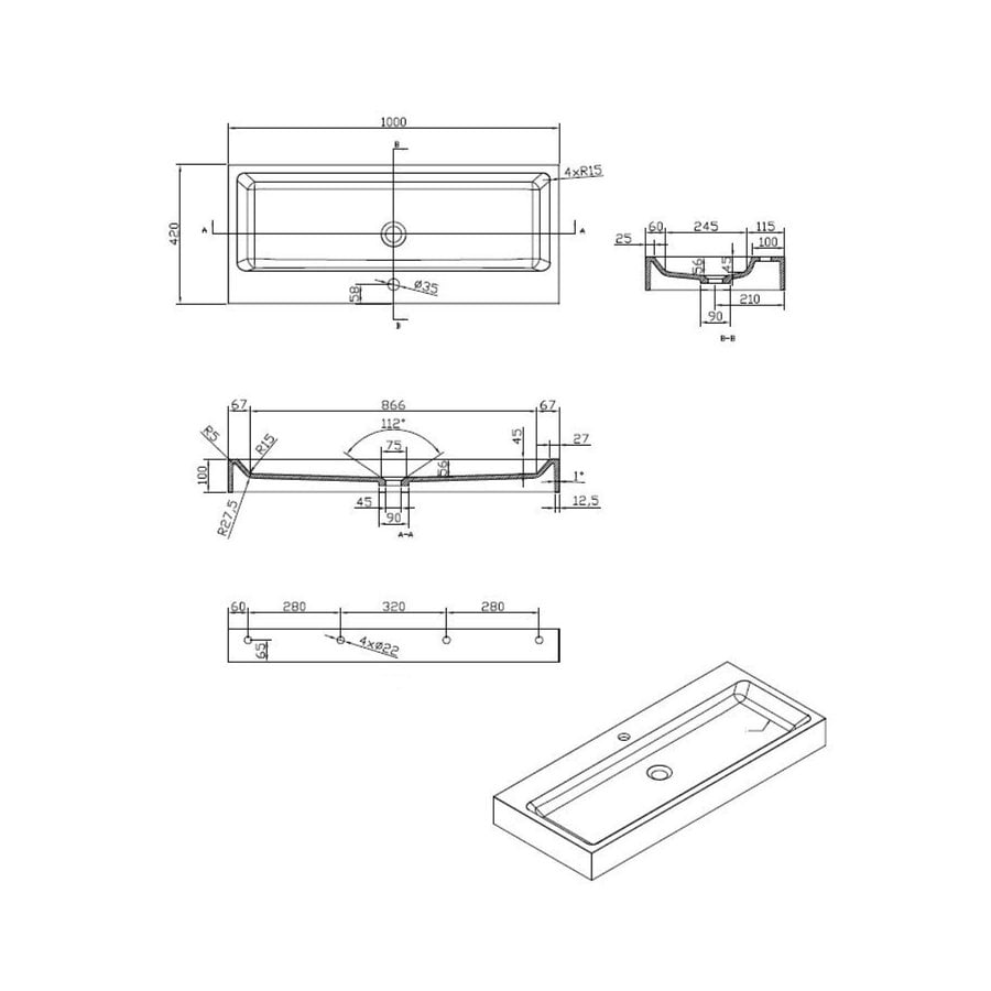 Wastafel Best Design Opera-100 Just-Solid 100x42x10 cm Mat Zwart