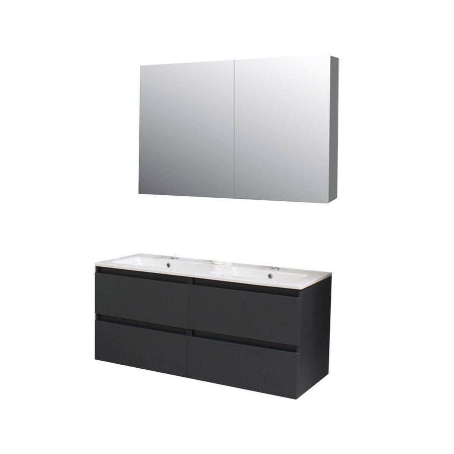 Badkamermeubel BWS Pepper Wastafel Porselein 2 Kraangaten Spiegelkast 120x55x46 cm Antraciet