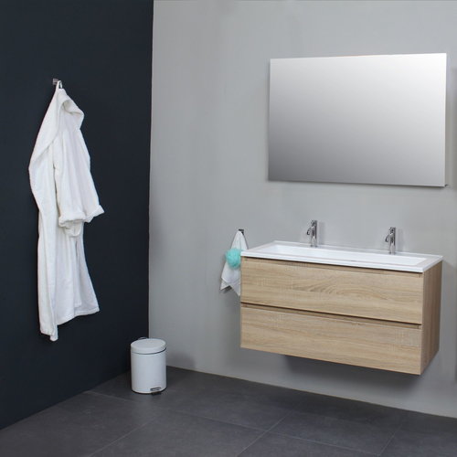 Badkamermeubel Boss & Wessing Pepper Acryl Wastafel Twee Kraangaten Incl Spiegel 100x55x46 cm Eiken 