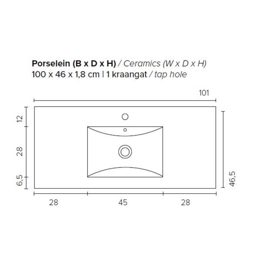 Badkamermeubel Boss & Wessing Pepper Wastafel Porselein Incl Spiegel En Kraangat 100x55x46 cm Eiken