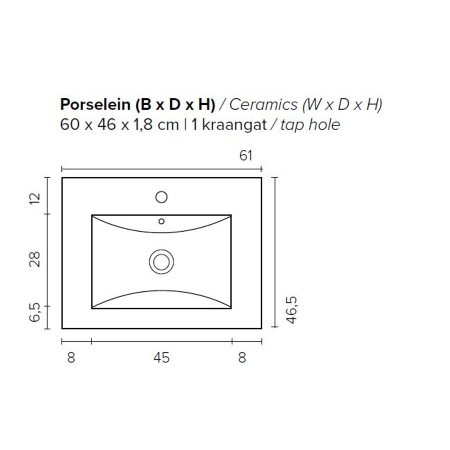 Badkamermeubel BWS Pepper Wastafel Porselein Incl Spiegelkast Met Kraangat 60x55x46 cm Eiken