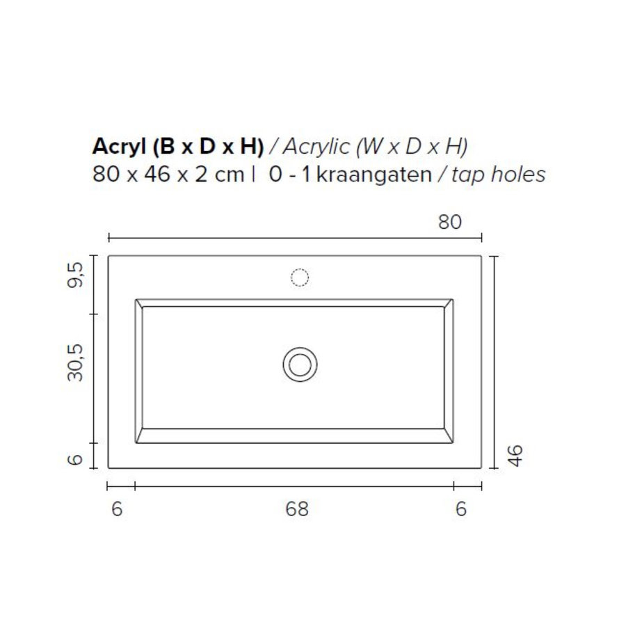 Badkamermeubel BWS Pepper Wastafel Acryl Incl Spiegelkast 2 Deurs Zonder Kraangat 80x55x46 cm Eiken