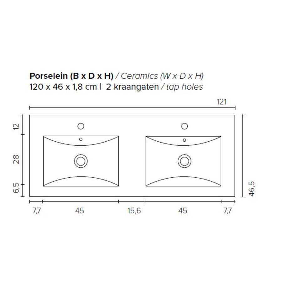 Badkamermeubel BWS Pepper Wastafel Porselein 2 Kraangaten Spiegelkast 120x55x46 cm Antraciet