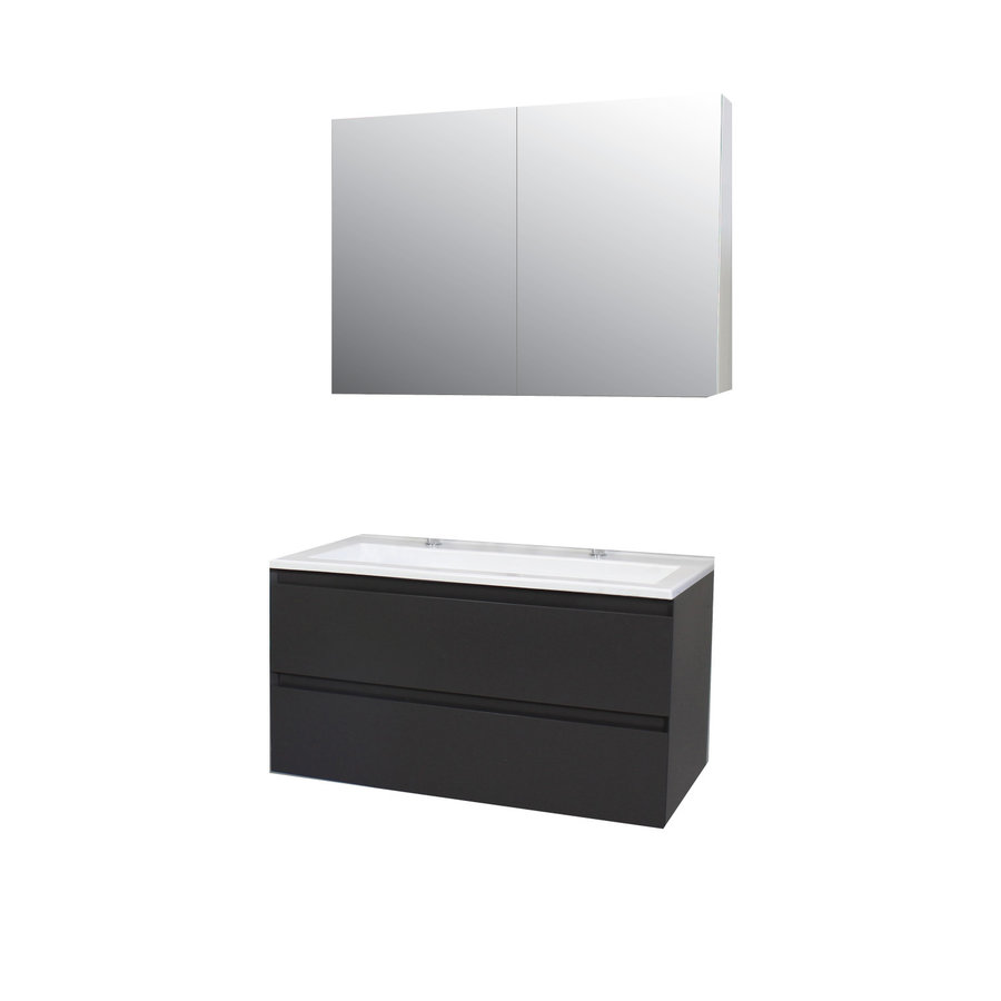 Badkamermeubel BWS Pepper Wastafel Acryl Incl Spiegelkast 2 Deurs Met 2 Kraangaten 100x55x46 cm Antraciet