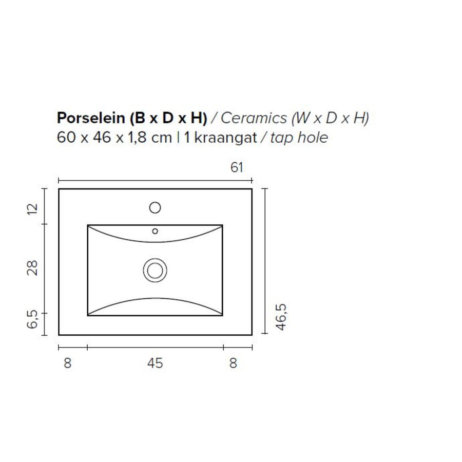 Badkamermeubel BWS Pepper Wastafel Porselein Incl Spiegelkast Met Kraangat 60x55x46 cm Antraciet